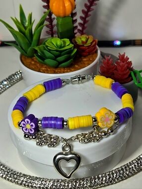 Set Of 7 Clay Beaded Handmade Charm Bracelets